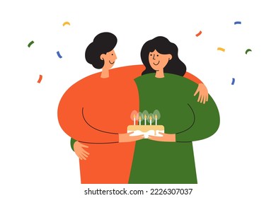 Happy couple celebrating birthday or anniversary event. Man and woman hug hold festive cake with burning candles. Love, romantic relationship, cozy family holiday. Party together vector illustration