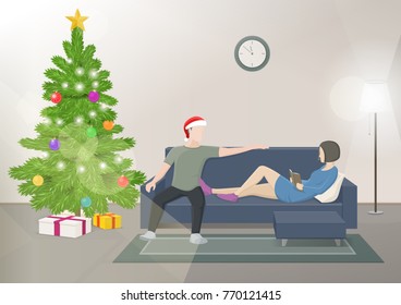 Happy couple celebrating Christmas. Young family sitting on the sofa near the Christmas tree. Cozy home interior. Vector illustration.