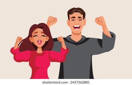 
Happy Couple Celebrating Feeling Excited Together Vector Cartoon Illustration. Successful boyfriend and girlfriend saying yes to marriage and commitment 
