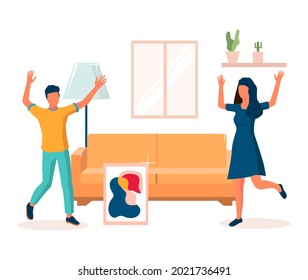 Happy couple celebrating housewarming party together after moving to new home, flat vector illustration. Living room interior with new furniture.