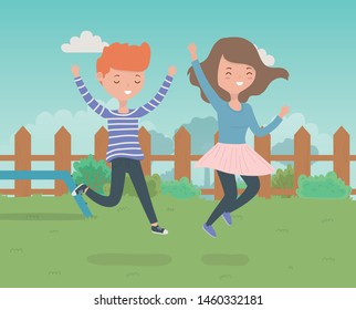 happy couple celebrating in the park scene vector illustration
