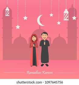 Happy Couple Celebrating Ramadhan, Greeting Ramadhan Kareem, Flat Vector Illustration