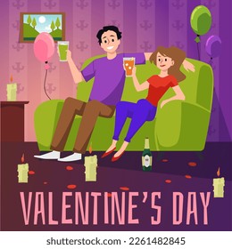 Happy couple celebrating Valentine s day on sofa at home, poster template - flat vector illustration. Smiling man and woman drinking cocktails by candlelights.