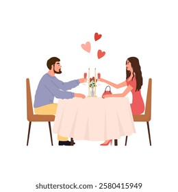 Happy couple celebrating Valentine's day with wine in cafe. Lovers on a romantic date. Young man and woman sitting in a restaurant. Vector illustration isolated on the white background