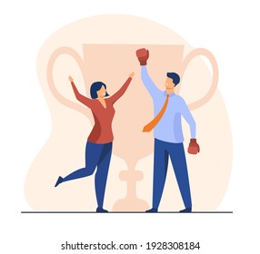 Happy couple celebrating victory of man. Cup, goblet, businessman flat vector illustration. Business success and achievement concept for banner, website design or landing web page