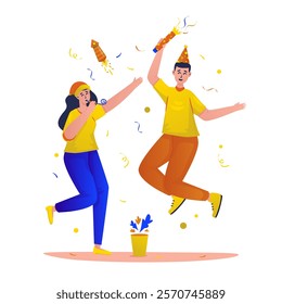 Happy couple character celebrating new year party vector illustration