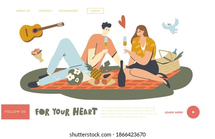 Happy Couple Characters Dating Outdoors on Picnic Landing Page Template. People Drink Champagne. Declaration of Love, Young Man Playing Guitar, Romantic Relations, Meeting. Linear Vector Illustration