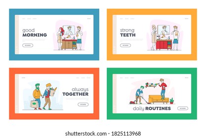 Happy Couple Characters Everyday Routine Matters Landing Page Template Set. Man and Woman Shopping at Grocery, Brushing Teeth in Bathroom, Cleaning Home Together. Linear People Vector Illustration