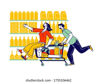 Happy Couple Characters Fool in Supermarket Riding Trolley. Happy Man Pushing Shopping Cart with his Girlfriend Sitting inside. Sparetime, Leisure, Vacation Fun. Linear People Vector Illustration