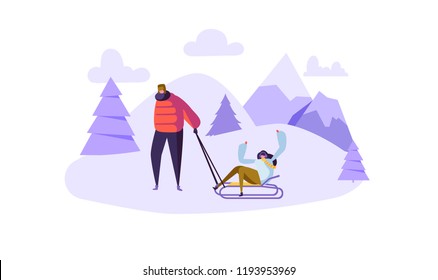 Happy Couple Characters on Winter Activities. Man and Woman Sledding on Snow Mountains. Flat People on Winter Vacation. Vector illustration