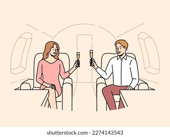 Happy couple cheers with champagne flying in private jet. Smiling successful man and woman drink on plane. Rich and wellness. Vector illustration. 