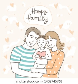 Happy couple with child. Hand drawn vector illustration.
