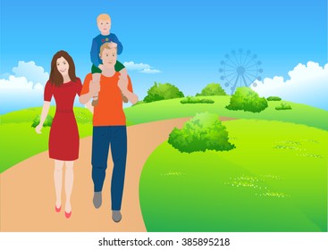 Happy couple with child outdoors
