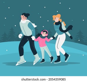 A happy couple with a child is skating. Active recreation with the whole family on the ice rink. Christmas or winter design concept