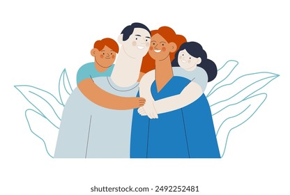 Happy Couple and Children Embracing Each Other. Family Health and Wellness. Modern Flat Vector Illustration. Website Banner Template.
