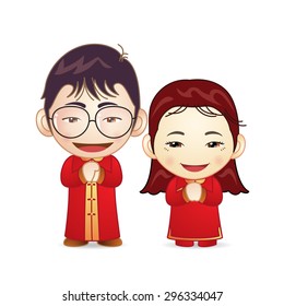 Happy couple in Chinese wedding dress with thank you posture
