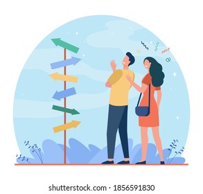 Happy couple choosing way for walking. Arrow, spouse, together flat vector illustration. Direction and relationship concept for banner, website design or landing web page