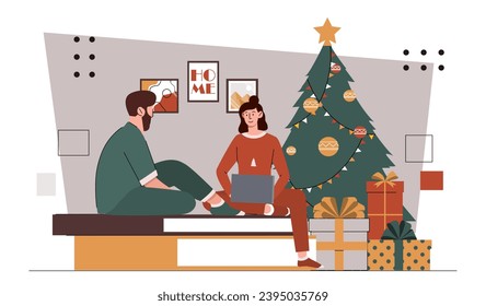 Happy couple at Christmas indoor. Man and woman with gift boxes and Christmas tree. Noel Eve, New Year. Family celebrate winter holidays. Cartoon flat vector illustration isolated on white background