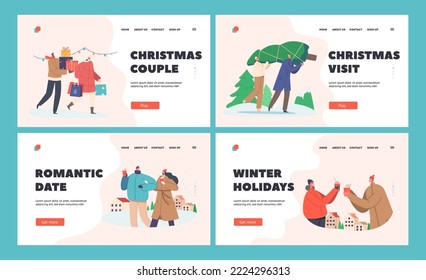 Happy Couple at Christmas Time Landing Page Template Set. Men and Women Buying Gifts and Tree, Carry Presents and Drink Hot Beverage. Characters on Winter Holidays. Cartoon People Vector Illustration