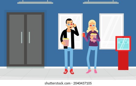 Happy Couple at Cinema Hall in 3D Glasses with Popcorn and Soda Vector Illustration