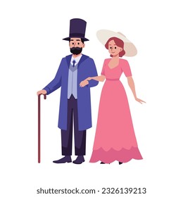 Happy couple in classic Victorian style costumes, flat vector illustration isolated on white background. Lady and gentleman wear dress and suit with walking cane. Victorian era people.