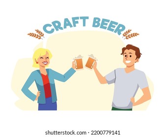 Happy couple clinking and drinking craft beer glasses, flat vector illustration isolated on white background. Concepts of beer festival and Oktoberfest. Smiling man and woman drinking alcohol.