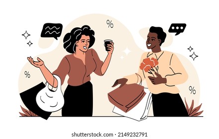 Happy couple concept. Man and girl with mug of coffee or tea and bags, shopping and household chores. Characters on romantic date, weekend and cultural vacation. Cartoon flat vector illustration