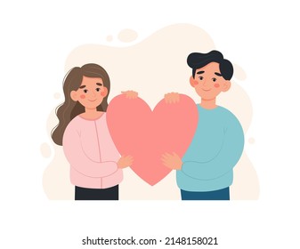 Happy couple concept. Man and woman holding a huge heart. Cute vector illustration in flat cartoon style
