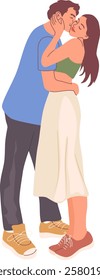 Happy couple concept. Man and woman hugging each other, expressing love, affection, support. Full height illustration of people.
