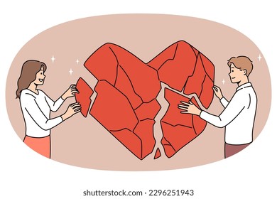 Happy couple connect huge heart pieces overcome relationship problems. Man and woman make peace or reconcile after successful family counseling or psychology session. Vector illustration.