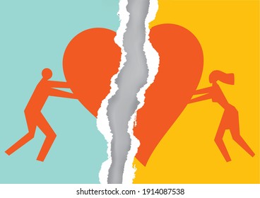 Happy Couple connecting torn hearts, after reconciliation.
Torn paper with man and woman silhouettes and broken heart icon symbolizing  renewal of the relationship. Vector available.