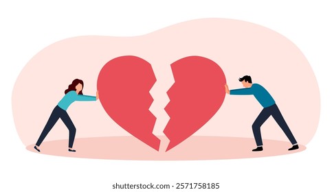 Happy Couple connecting torn hearts, after reconciliation. Man and woman with broken heart symbolizing of the relationship.