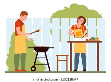 Happy couple cooking barbecue. Man roasting meat. Woman serving salad