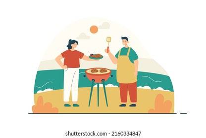 Happy couple cooking barbeque at the beach. Picnic party with meat burgers. BBQ grill and summer leisure concept. Modern flat vector illustration