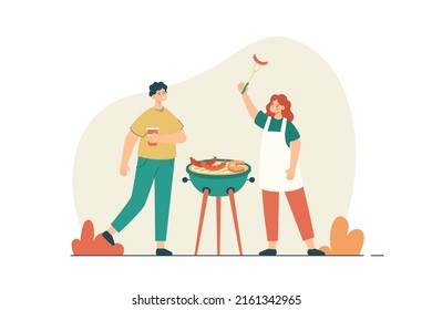 Happy couple cooking barbeque having fun. Picnic party with fish and hot smoke sausages. BBQ grill and summer leisure concept. Modern flat vector illustration