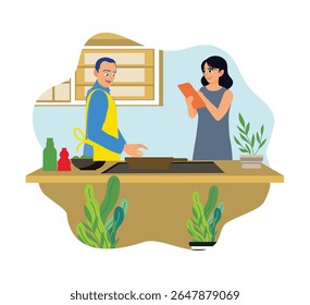 Feliz casal cozinhando em casa cozinha. Marido vestindo avental e esposa olhando para a receita no telefone celular.