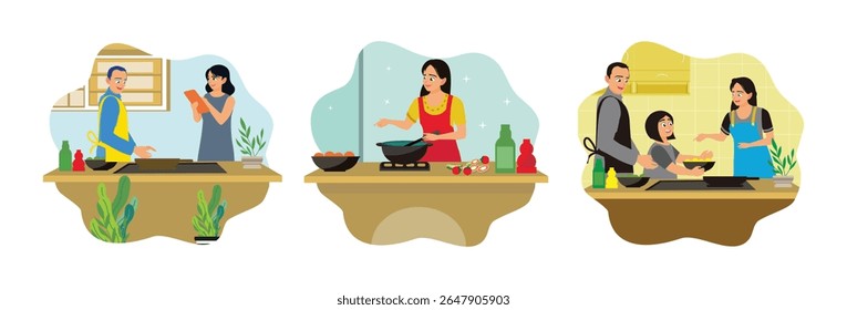 Happy couple cooking in home kitchen. Woman cooks nutritious food with fresh vegetables and ingredients in the kitchen using modern utensils. Preparing, serving and eating food together.