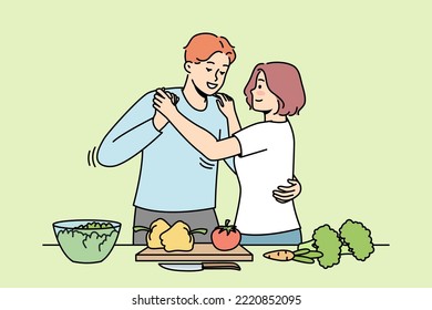 Happy couple cooking in kitchen dancing together. Smiling man and woman enjoy food preparation on weekend. Vector illustration. 