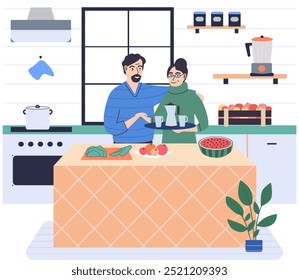 Happy couple cooking natural ingredients together. Man and woman preparing healthy food on kitchen table. Young family making vegetarian meal for dinner. Healthy lifestyle and homemade eating concept