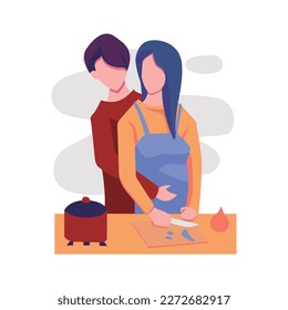 happy couple cooking together flowers flat illustration