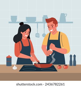 Happy couple cooking together in the kitchen.Vector flat style cartoon illustration