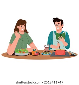Happy couple cooking vegetable salad together flat vector illustration. Woman applying pepper to plate while man cooks. People preparing healthy food at the kitchen table. vector illustration.