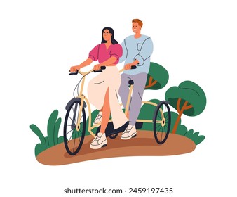 Pareja feliz montando juntos en triciclo, bicicleta gemela. Hombre y mujer, dos personas disfrutando de paseo en bicicleta doble, actividad de ocio al aire libre, vacaciones. Ilustración vectorial plana aislada sobre fondo blanco