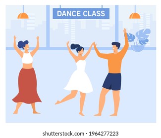 Feliz pareja en clase de baile. Personajes de dibujos animados bailando, aprendiendo movimientos, el profesor enseñando ilustración vectorial plana. Clase de baile o concepto de estudio para banner, diseño de sitio web o página web de aterrizaje