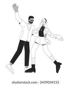 Happy couple dancing black and white 2D line cartoon characters. Boyfriend and girlfriend having fun at party isolated vector outline people. Romantic date monochromatic flat spot illustration