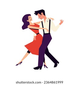 Happy couple dancing. Cartoon 50s vector illustration in flat style