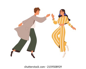 Happy couple dancing with fun, joy, energy. Young man, woman rejoicing, moving. Excited joyful people, modern girl and guy dancers in movement. Flat vector illustration isolated on white background