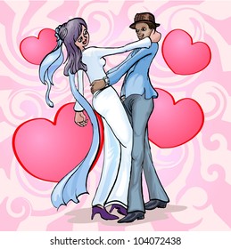 happy couple dancing with love bubble and ornamented pink background