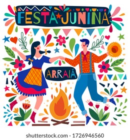 Happy couple dancing on a Festa Junina poster design with colorful background pattern and campfire, colored vector illustration