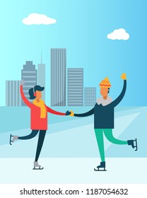 Happy couple dancing on skates, man and woman having fun together vector illustration isolated on background of skyscrapers, winter sport activities